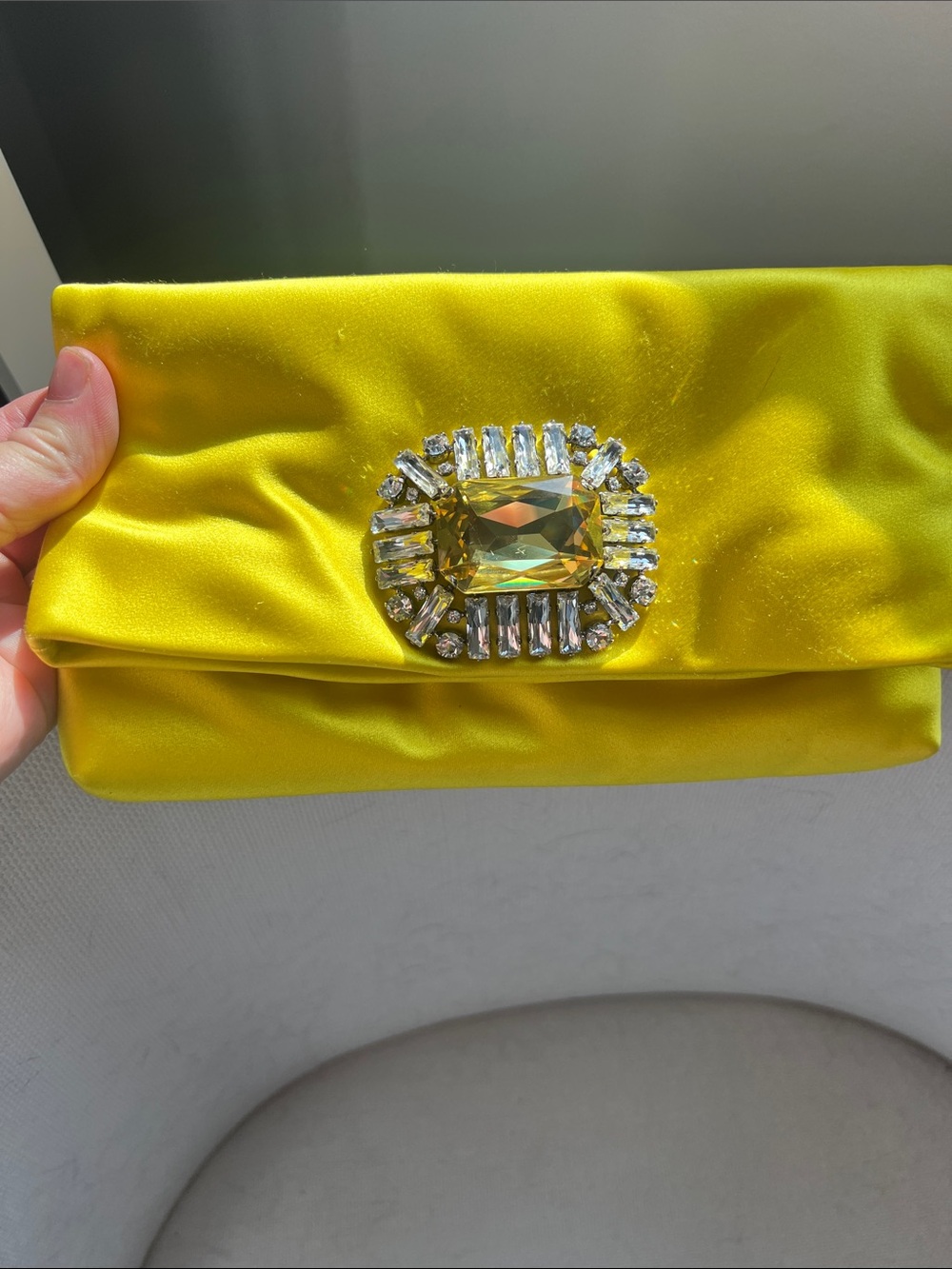 Jimmy Choo Yellow Satin Clutch with Crystal Brooch